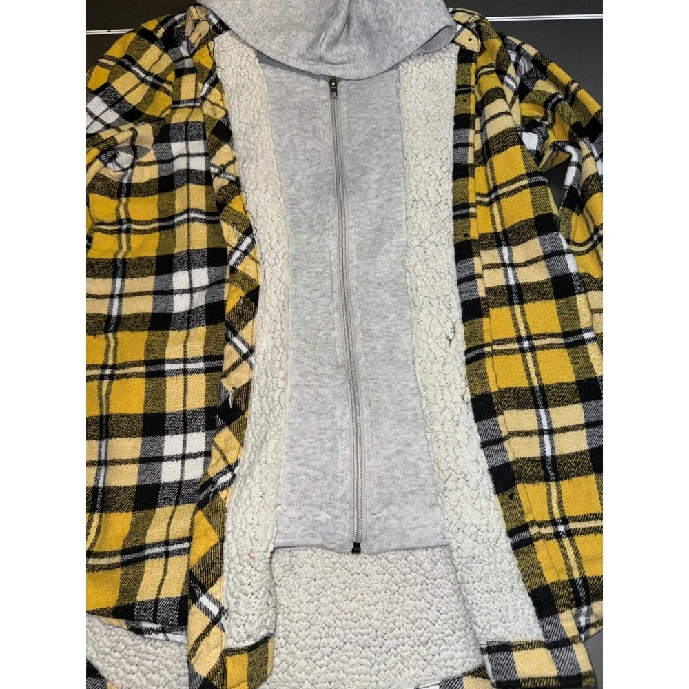 Yellow Plaid Sherpa Lined Hooded Flannel Jacket Zip Up‎ Layered Hoodie Shirt